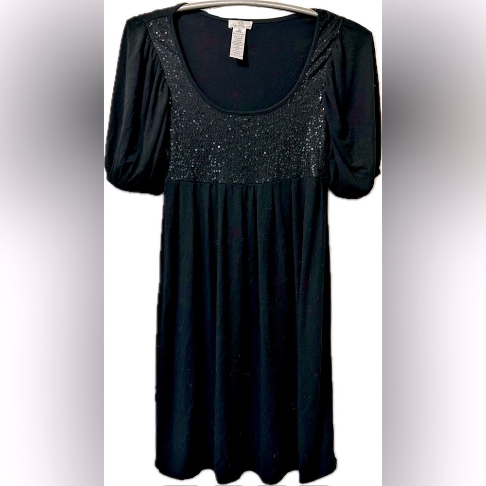 Black Sequin Puff Sleeve Empire Waist Y2K Babydoll Dress. Size M